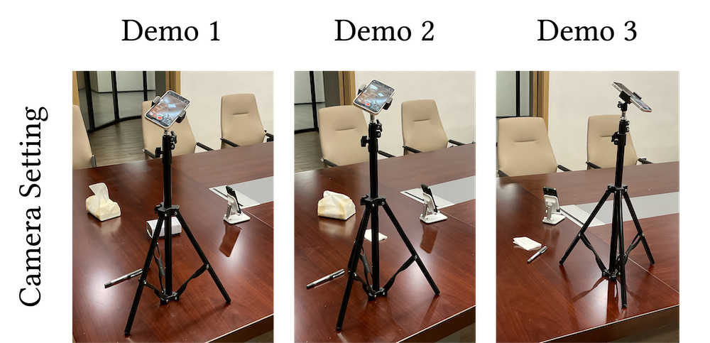 Uncalibrated phone camera placement for Demo 1, Demo 2, and Demo 3